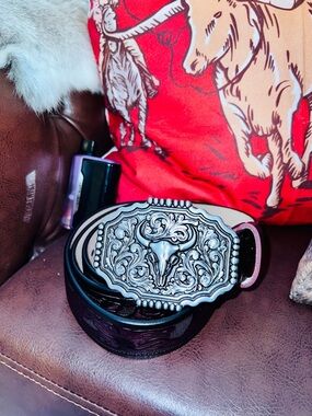 Western Tooled Leather Belt with Ornate Bull Skull Buckle - Black